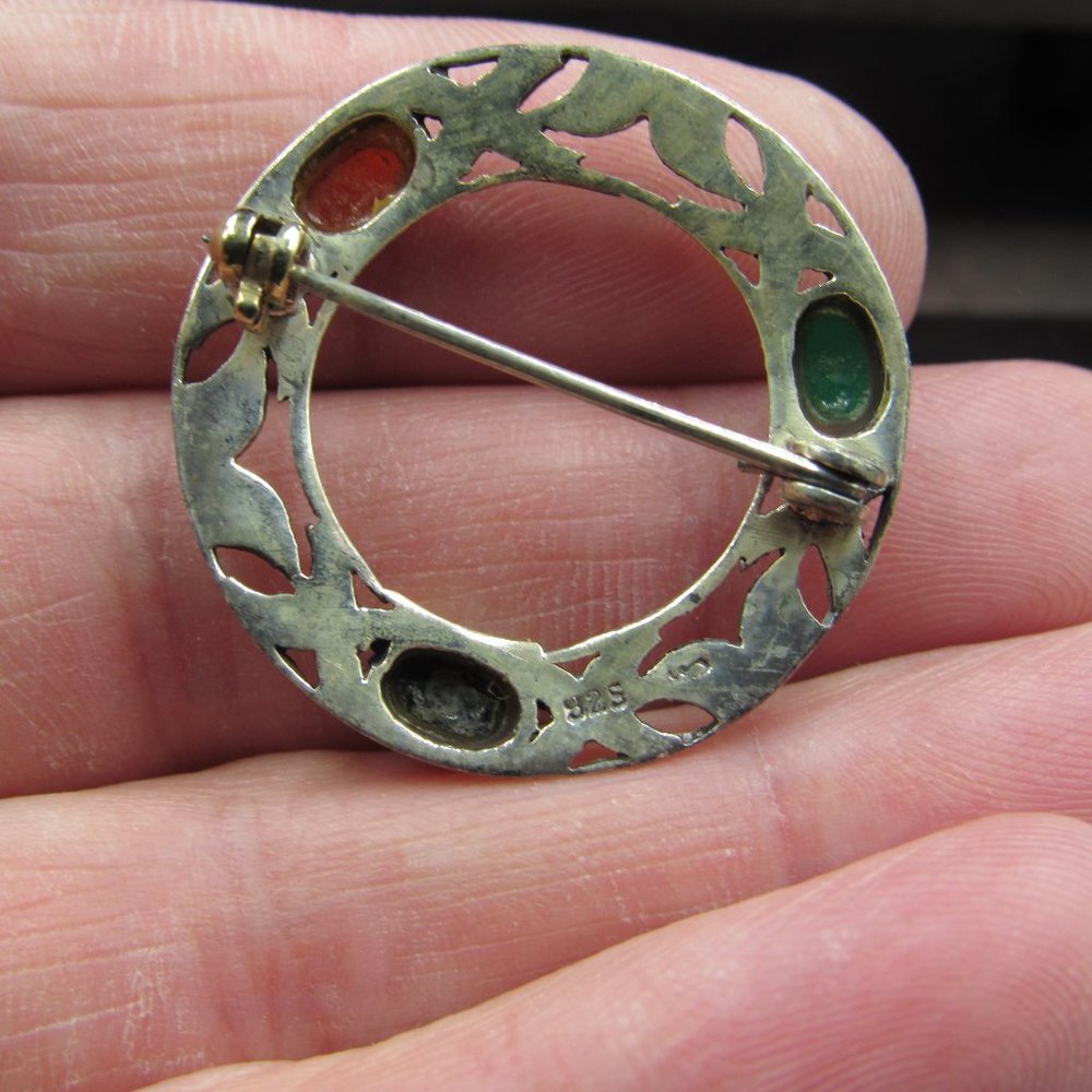 Sterling Silver Rustic Marcasite Chrysoprase Pin - image 4